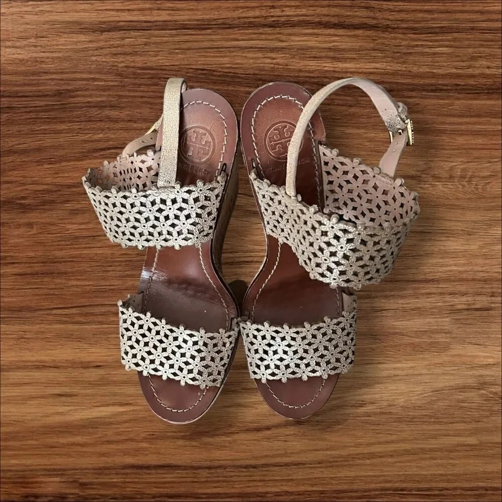 Tory Burch Floral Perforated 125mm Wedge Sandal Natural Blush size 9
